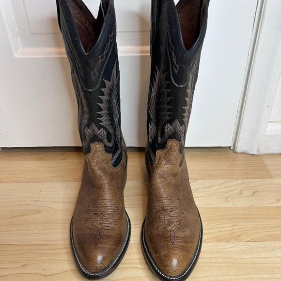 Tony Lama Leather Boots #6171C Two-Tone Brown and Black Mens 9D Western Cowboy - Picture 1 of 6